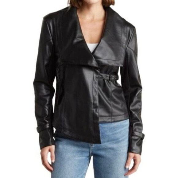 Ookie & Lala Jackets & Blazers - Ookie & Lala Womens Drape Moto Faux Leather Ponte Jacket Black Size Small